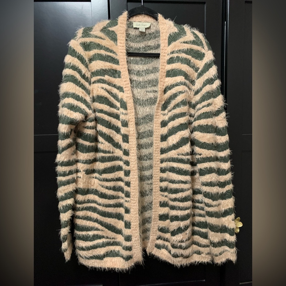Charlie Paige Fuzzy Green and pink Cardigan cozy chunky warm scandi girl
